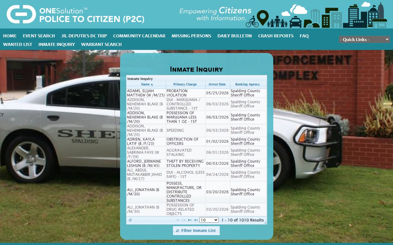 Spalding County inmate roster search fields on the P2C jail inquiry